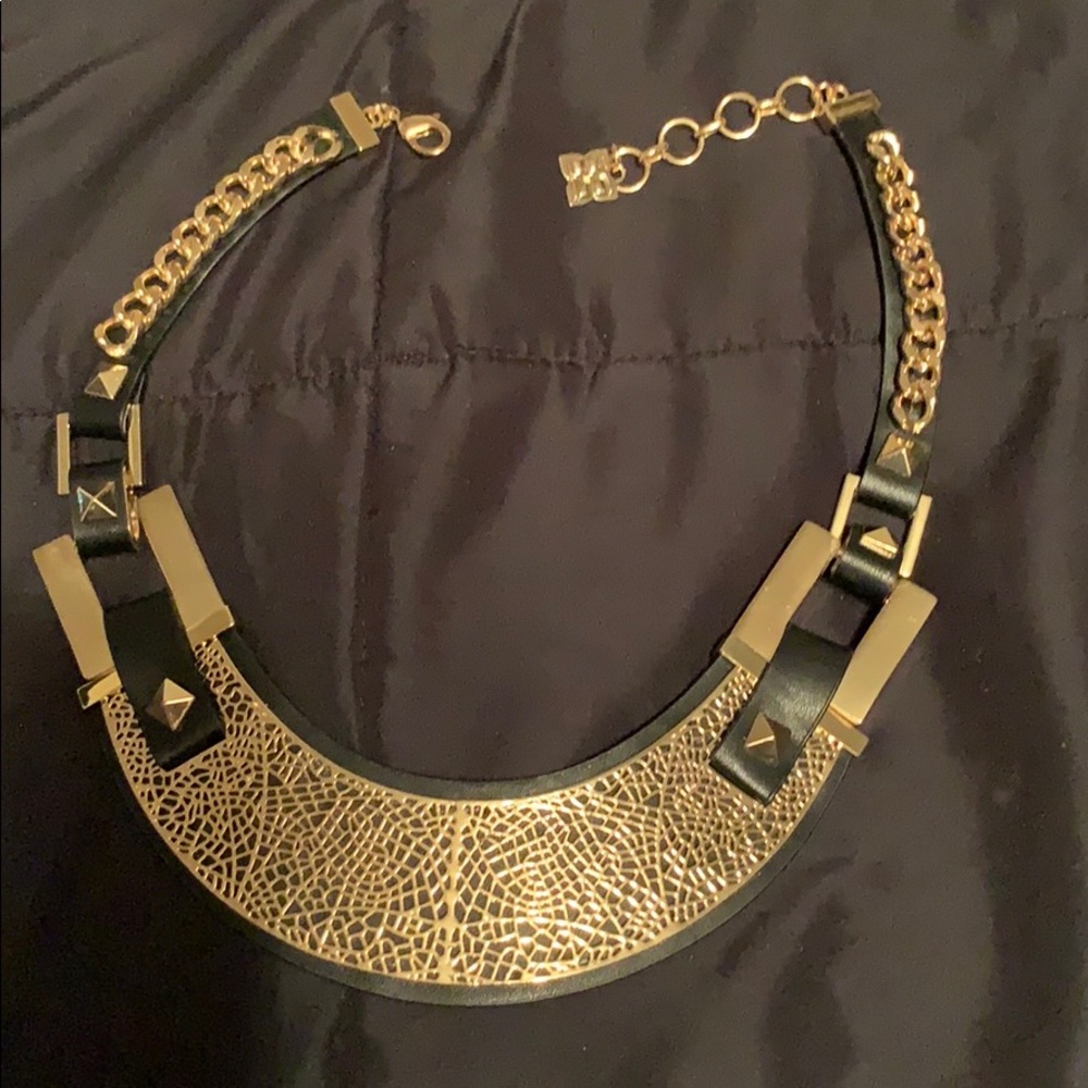 BCBG gold with black leather accents necklace